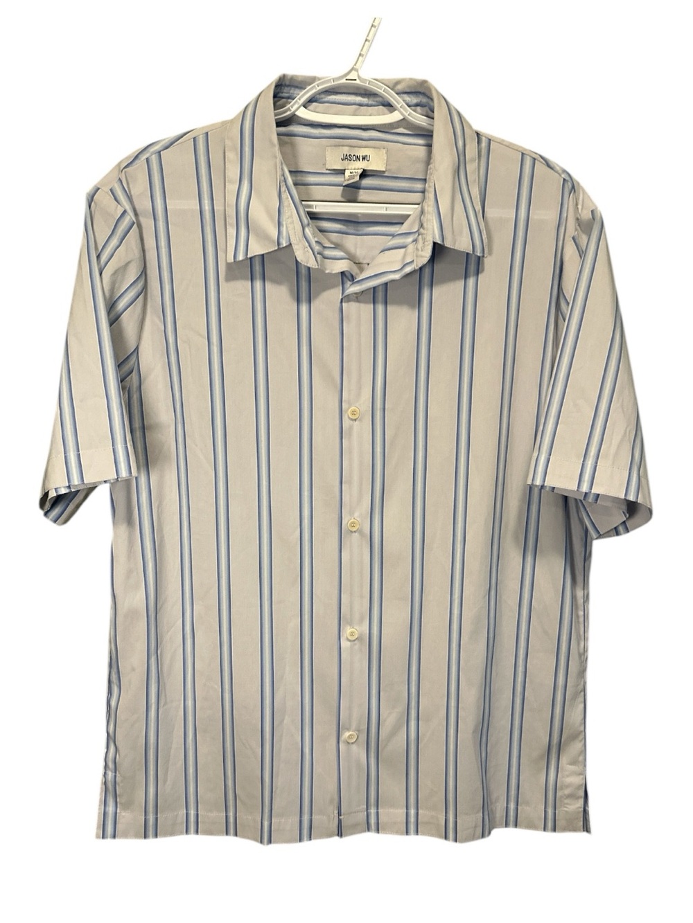 Jason Wu Men’s Short Sleeve Button-Down Shirt - White with Blue Stripes Size M